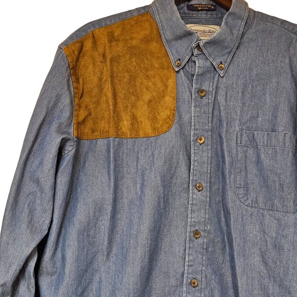 Chesapeake Bay Outfitters Shirt Mens XL Blue Jean Denim Long Sleeve Suede Patch - Picture 3 of 8